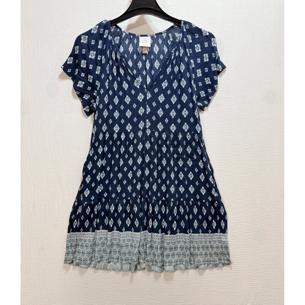 Knox Rose Mini Dress Womens Small Navy Blue Ikat Diamond Tiered Boho Babydoll